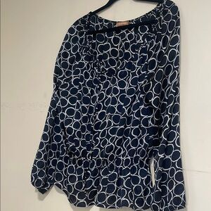 Ellen Tracy Blue and White Relaxed Fit Blouse